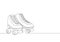Single continuous line drawing pair of old retro plastic quad roller skate shoes. Vintage classic extreme sport concept