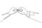 Single continuous line drawing pair of wedding rings held by groom and bride together. Bride and groom make vow of loyalty on