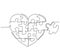 Single continuous line drawing of set puzzle pieces put it together to cute heart shape form symbol. Romantic marriage love