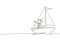 Single continuous line drawing smiling little girl in sailboat. Happy kids sailing boats. Cute little children on boat. Joyful
