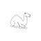 Single continuous line drawing of strong desert Arabic camel sitting for logo identity. Cute dromedary animal concept for national