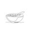 Single continuous line drawing of stylized bowl of cereal breakfast with fresh milk. Healthy whole wheat food concept. Modern one