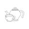 Single continuous line drawing of stylized clay ceramic teapot and porcelain cup of tea. Emblem beverage store concept. Modern one