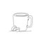 Single continuous line drawing of stylized mug of cappuccino coffee logo label. Emblem coffee shop concept. Modern one line draw