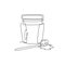 Single continuous line drawing of stylized sweet honey on glass jar with wooden dipper icon. Healthy organic supplement concept.