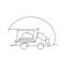 Single continuous line drawing of stylized truck box car with tray cover cloche for food delivery service logo label. Restaurant
