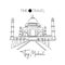 Single continuous line drawing Taj Mahal landmark. Historical beauty iconic place in Agra, India. World travel home decor wall art