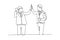 Single continuous line drawing two young happy businessmen celebrating their successive goal with high five gesture together.