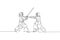 Single continuous line drawing of two young sportive men practicing kendo martial art skill on gym sport center. Sparring fight.