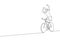 Single continuous line drawing of young agile man cyclist raise his hands while reach finish line. Sport lifestyle concept. One