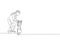 Single continuous line drawing of young Arabian dad holding his daughter`s hand, teaching how to walk. Islamic muslim happy famil