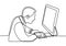 Single continuous line drawing of young business man focus on computer laptop and thinking business strategy to grow the corporate