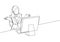 Single continuous line drawing of young confused call center worker answering phone call from talkative customer in front laptop