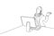 Single continuous line drawing of young confused call center worker answering phone call from talkative customer in front laptop.