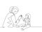 Single continuous line drawing of young female pediatric doctor invited cute baby toddler patient to play and follow her
