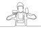 Single continuous line drawing of young handyman wearing building construction uniform and helmet while holding paint brush and