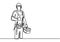 Single continuous line drawing of young handyman wearing helmet uniform while holding box tools and gives thumbs up. Home