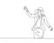 Single continuous line drawing of young happy businesswoman reaching something while playing simulation game. Virtual reality game