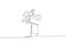 Single continuous line drawing of young happy health runner man jump running through hurdle barrier at run track. Run sport