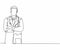 Single continuous line drawing of young happy male doctor pose standing manly cross his hand on chest. Medical health care service