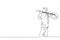Single continuous line drawing of young happy male guitarist walking while carrying acoustic guitar oh his shoulder. Modern