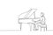 Single continuous line drawing of young happy male pianist playing classic grand piano on music concert orchestra. Musician artist