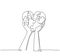 Single continuous line drawing of young happy man raised puzzle pieces up to the air together to form cute heart shape. Romantic