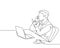 Single continuous line drawing of young male employee receiving call from his boss and told to type on the laptop. Work direction