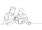 Single continuous line drawing of young male and female couple discussing household monthly bills together. After marriage life