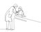 Single continuous line drawing of young male pediatric doctor giving injection to toddler girl patient at hospital. Medical health