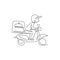 Single continuous line drawing young man driving motorcycle carrying box for food delivery service logo label. Restaurant food