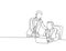 Single continuous line drawing of young manager discussing work plan with his subordinate while staring laptop monitor. Business