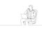 Single continuous line drawing of young manager sitting and typing on laptop during calling his team member to give instruction