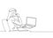 Single continuous line drawing of young muslim businessmen typing business proposal draft on laptop. Arab middle east cloth shmagh