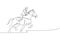 Single continuous line drawing of young professional horseback rider running with a horse around the stables. Equestrian sport