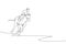 Single continuous line drawing of young professional horseback rider running with a horse around the stables. Equestrian sport