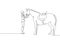 Single continuous line drawing of young professional horseback rider talking wit a horse at the stables. Equestrian sport training