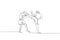 Single continuous line drawing of young sportive man kickboxer fight in sport arena for local championship title. Fight