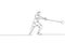 Single continuous line drawing young sportive man practice to swing hammer before throwing to the court stadium. Athletic games