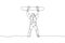 Single continuous line drawing young sportive snowboarder man lift snowboard board at mountain. Outdoor extreme sport. Winter