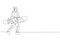 Single continuous line drawing of young sportive snowboarder man walk and hold snowboard at mountain. Outdoor extreme sport.