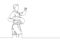 Single continuous line drawing of young sporty soccer player make pregnant gesture using ball after scoring the goal