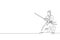 Single continuous line drawing of young strong samurai warrior wearing traditional uniform holding sword at festival. Ancient