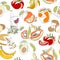 Single Continuous One Line Organic Farm Food Seamless Pattern. Fruit and Vegetable. Vector Editable Illustration