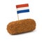 Single deep fried Dutch kroket with a Dutch flag