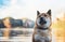 Single dog close up walk on background landscape copy space,  red shiba inu sits leisure on lake, hiker sad pet travel on nature