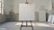 Single easel with blank canvas in bright minimalistic interior of the exhibition hall. Front view