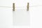 Single empty paper sheet for notes that hang on a rope with clothespins and isolated on white. Blank white cards on rope mockup