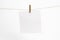 Single empty paper sheet for notes that hang on a rope with clothespins and isolated on white. Blank white cards on rope mockup