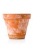 Single empty, used terracotta planting pot over white